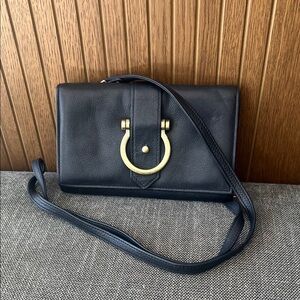 Classic Black Leather Crossbody with Gold Ring Detail